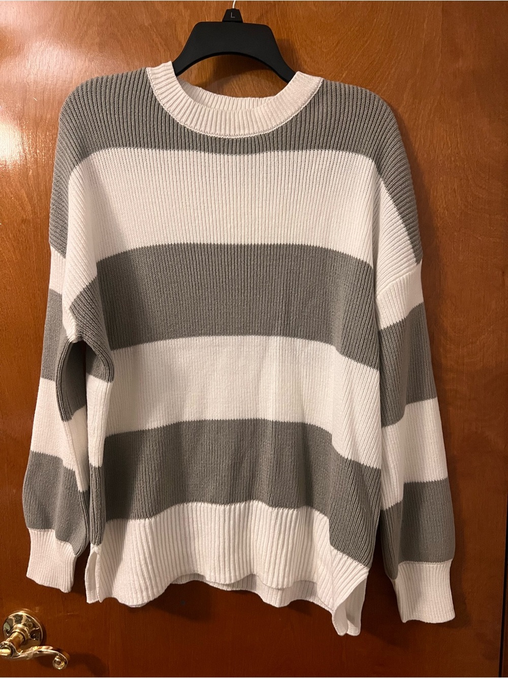 Striped Crewneck Sweater - White and Grayish Olive